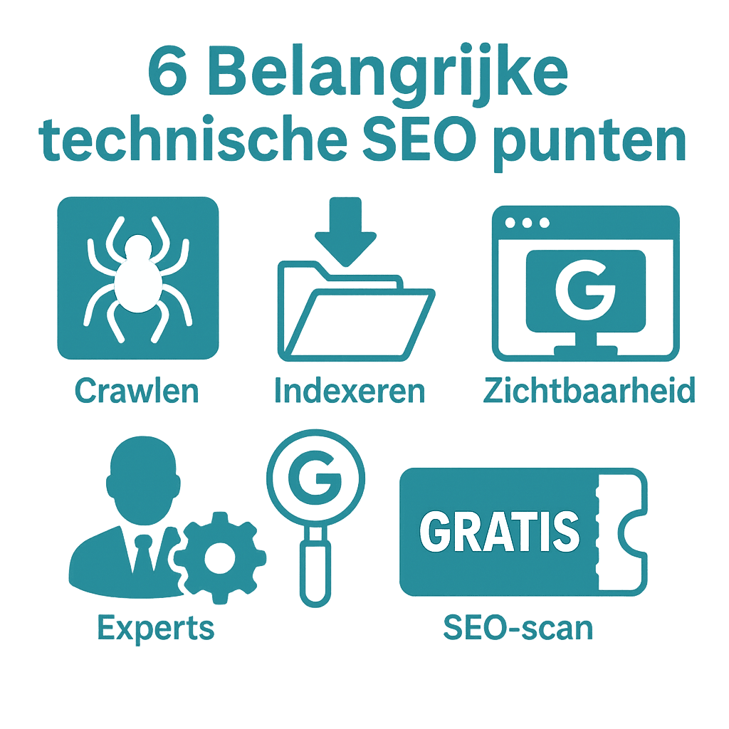 6 Belangrijke technische SEO punten: spin die crawlen is, folders indexeren, goede zichtbaarheid in google, experts en een gratis seo scan