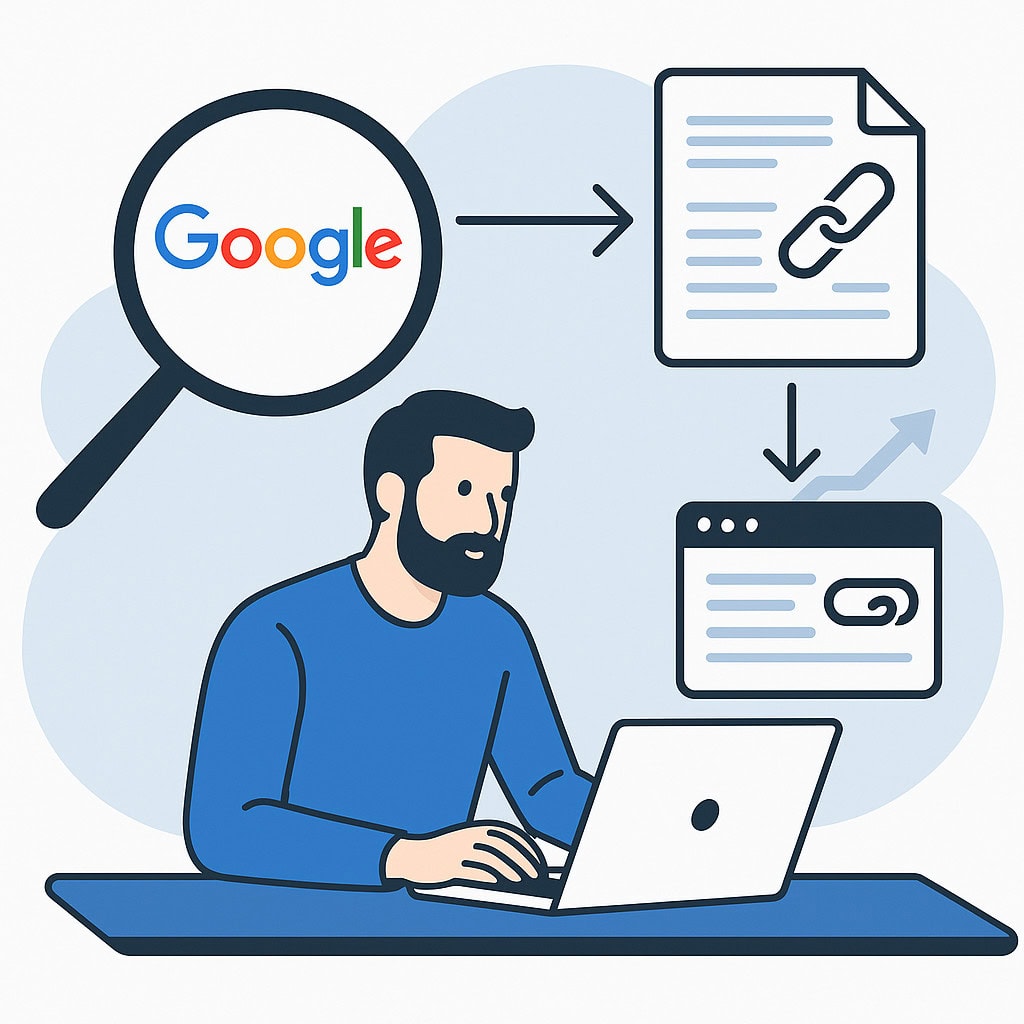 Man die achter laptop zit om te kijken hoe linkbuilding uitbesteden zijn website kan verbeteren