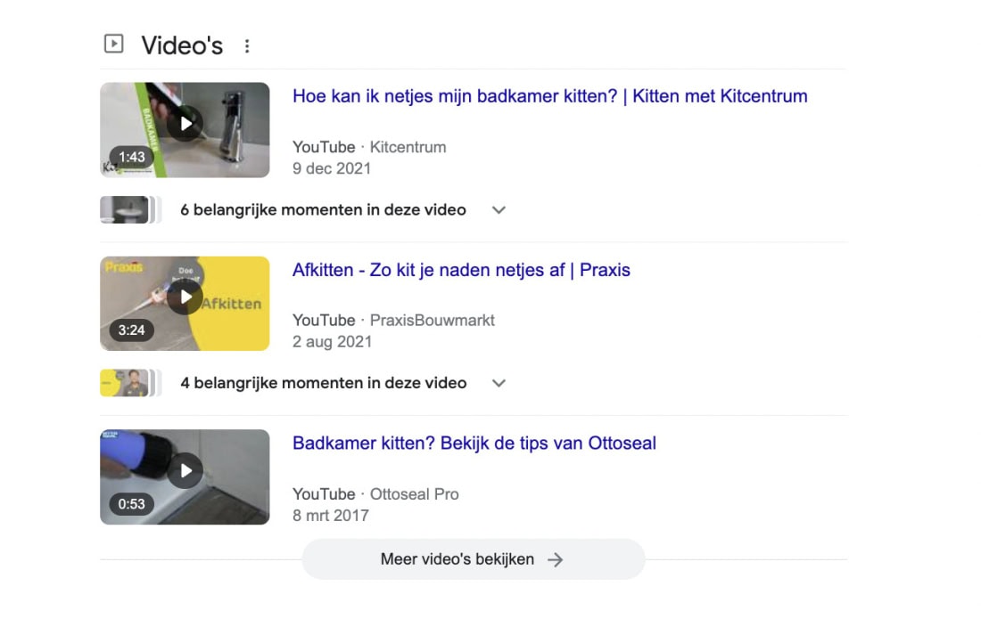 voorbeeld van verschillende zoekresultaten van YouTube op Google.