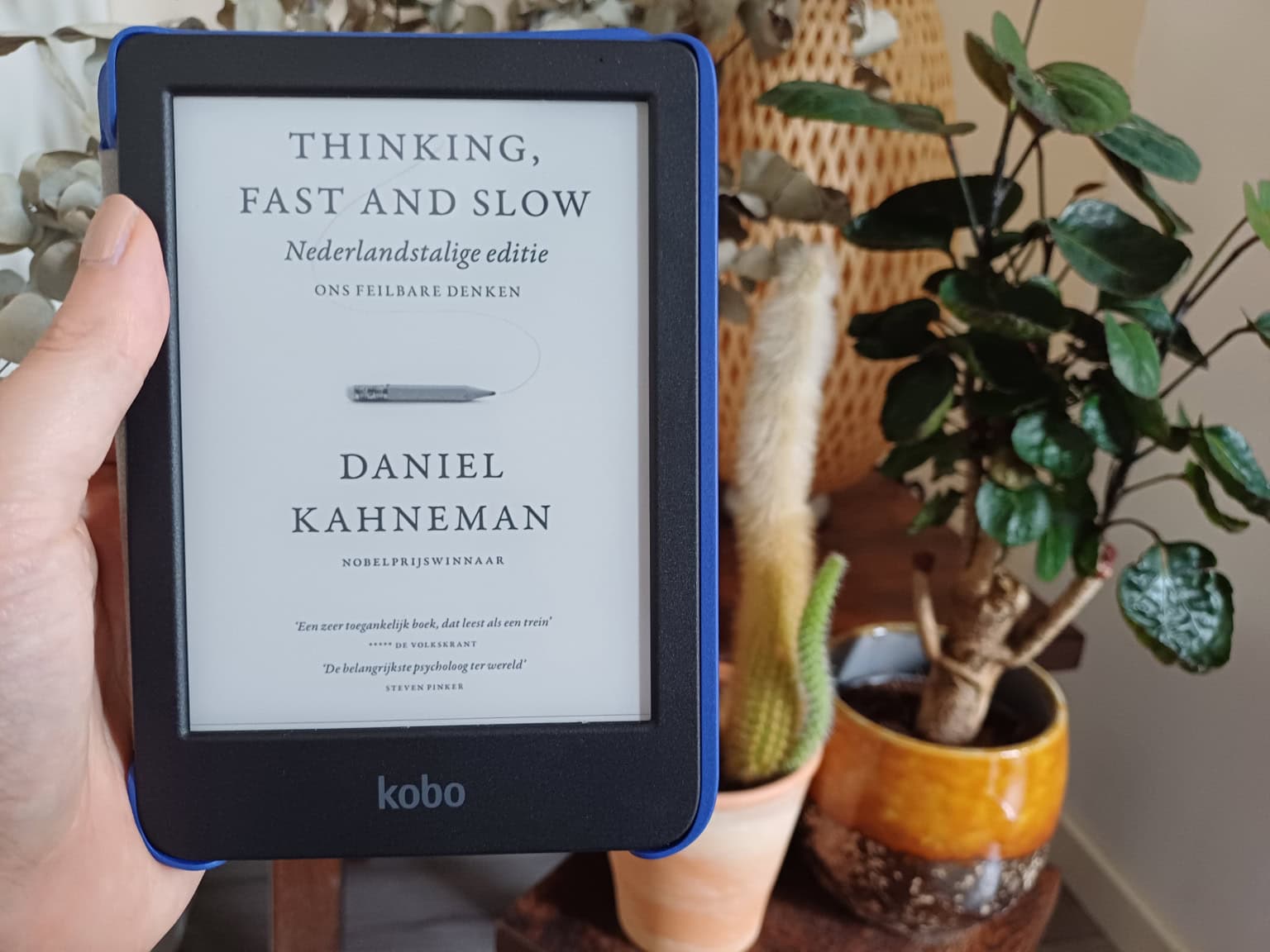 Foto van ereader met boek thinking fast and slow