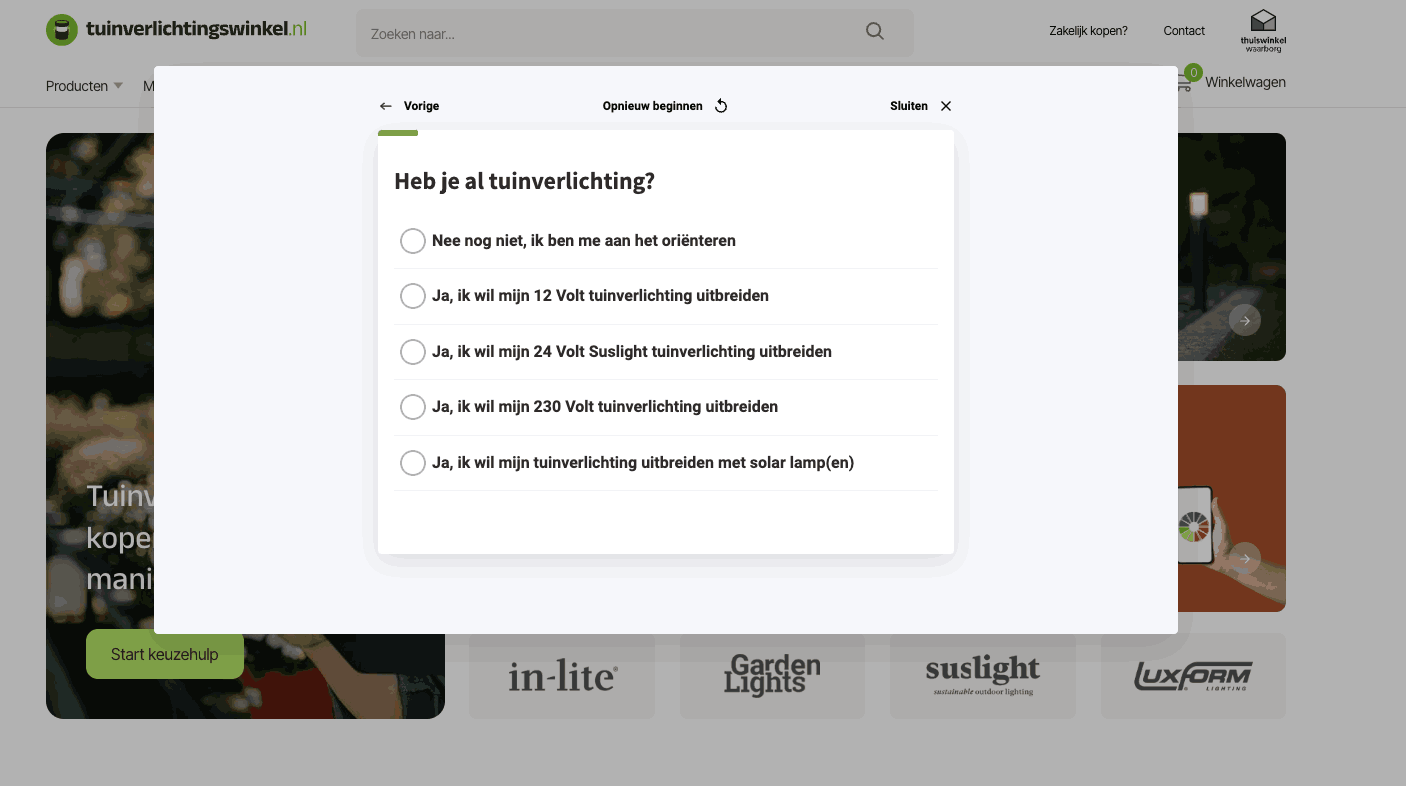 Voorbeeld van Tuinverlichtingswinkel.nl met een keuzehulp