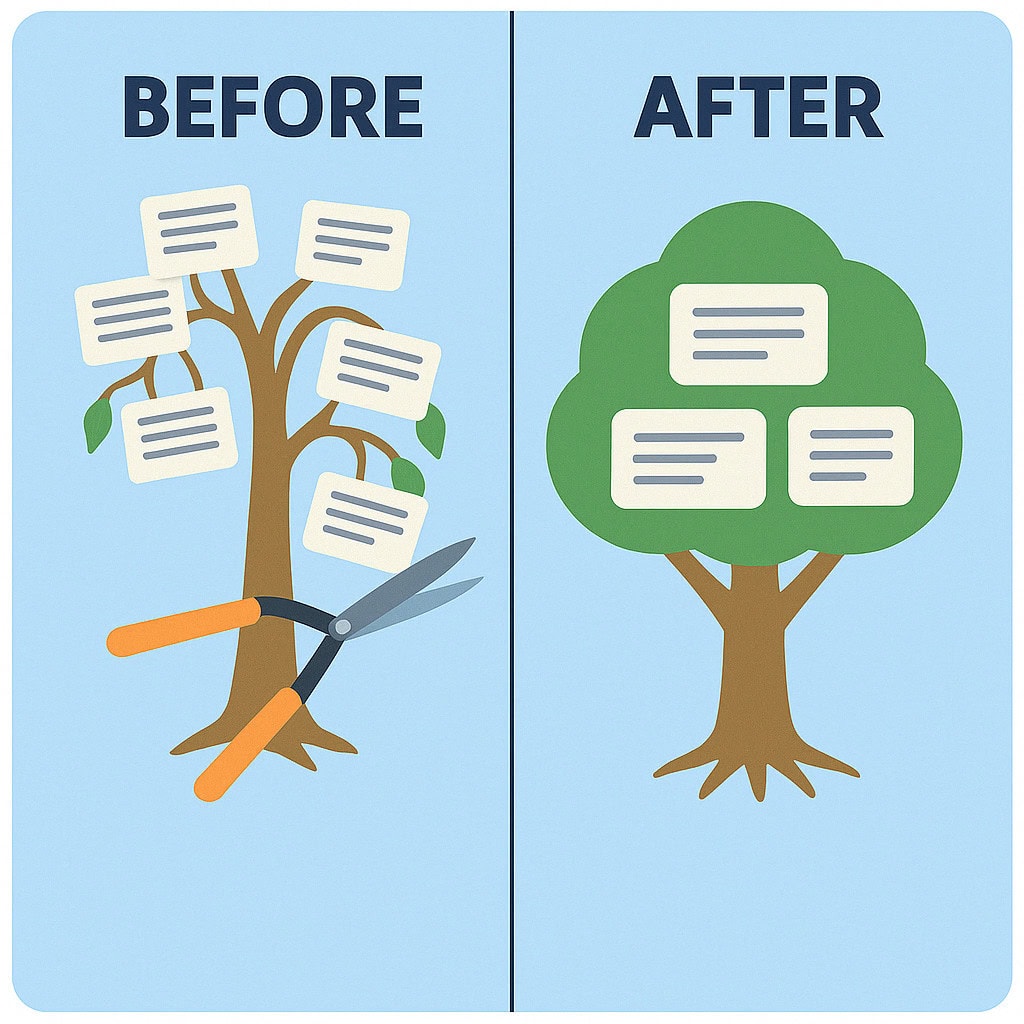 Een before en after afbeelding waarin de effecten van content pruning worden afgebeeld. Bij before staat een dunne, uitgedroogde, doodgaande boom met heel veel tekst wolkjes (alle content van een website). Ook staat er een heggenschaar afgebeeld bij de before, met deze heggenschaar zullen alle dode takken (oude content) worden afgeknipt, zodat de boom weer opnieuw kan gaan bloeien. Bij de after zie je een erg levendige boom meg een dikke stam, veel groene bladeren en minder tekst wolkjes (content), wat suggereert dat door het bijwerken en knippen van de oude boom, hij nu weer springlevend is geworden.