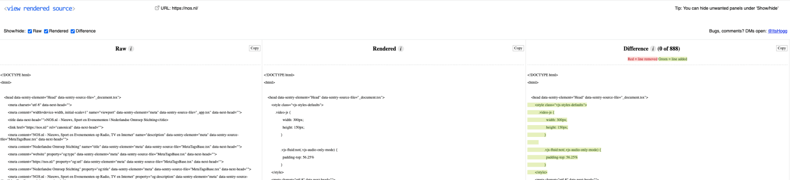 Voorbeeld van het verschil tussen de broncode en gerenderde HTML