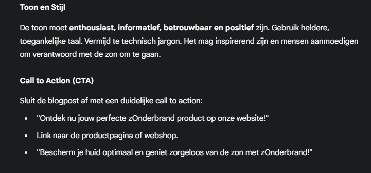 Gemini briefing geeft toon en stijl weer en call to actions