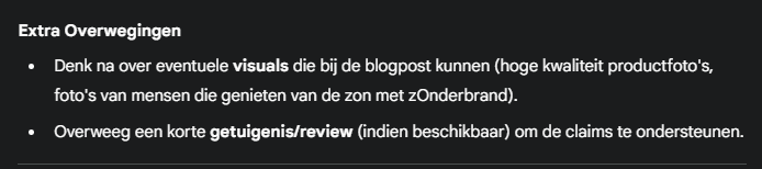 Extra overwegingen die Gemini bij een contentbriefing geeft