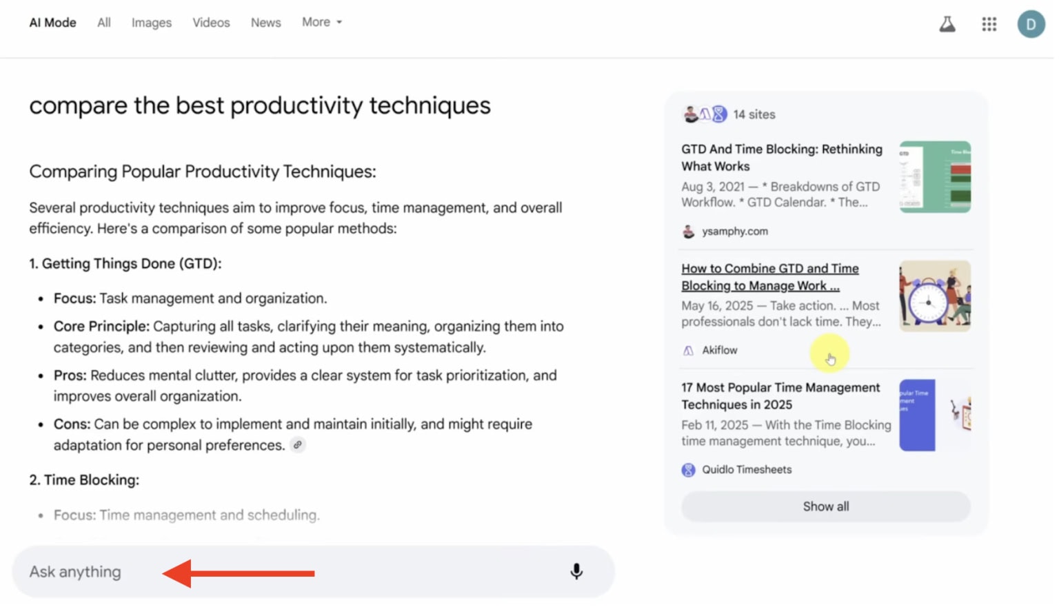 ai mode resultaat na aanleiding vraag productietechnieken