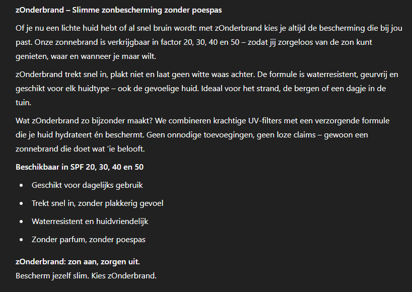 Content tekst over zonnebrand product pagina door ChatGPT