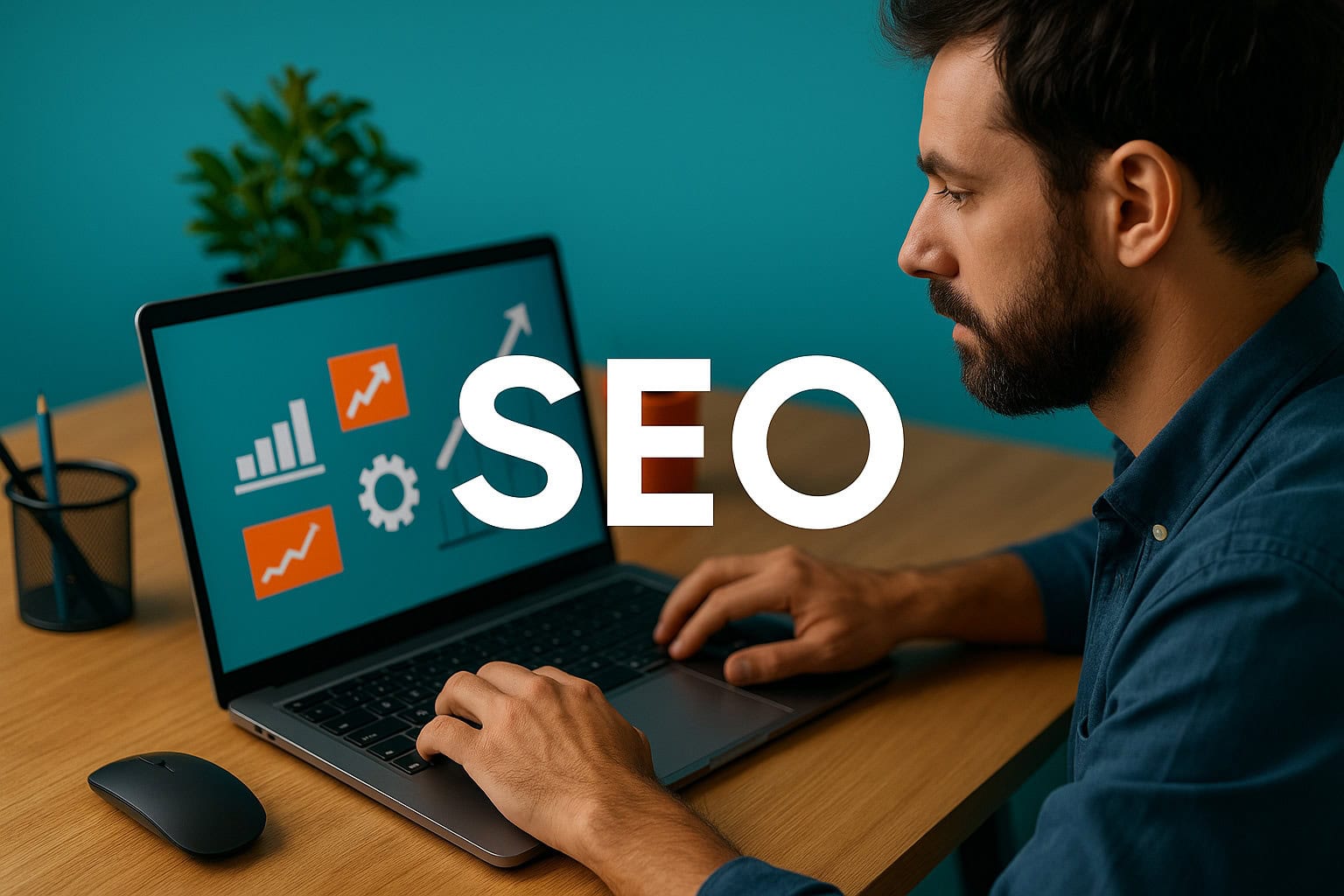 Man achter laptop die naar zoekmachine optimalisatie kijkt