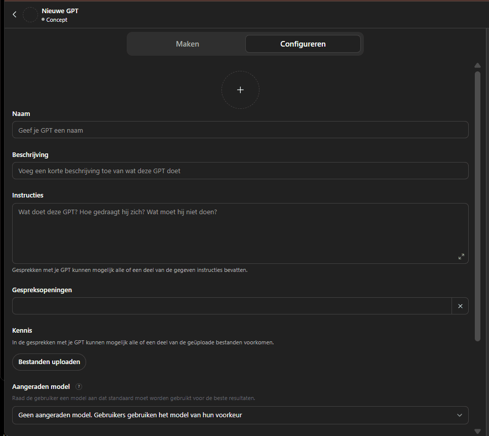 Interface van een custom GPT