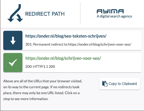 Redirect Path laat een 301-redirect zien