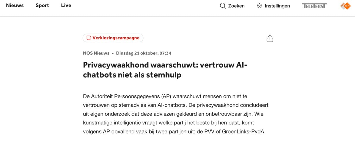 Visual van bericht van NOS over AI chatbots en verkiezingen