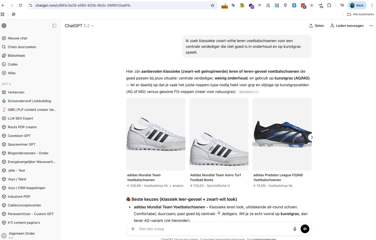 screenshot ChatGPT voetbalschoenen prompts